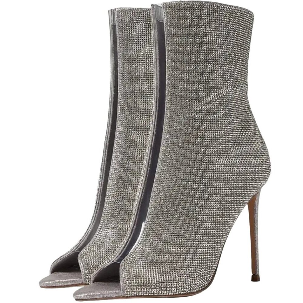 Steve Madden Finley-R Rhinestone Embellished Peep Toe Stiletto Boots Size 5.5